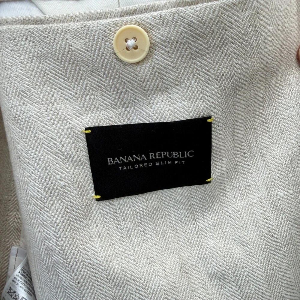 Banana Republic 46R Tailored Slim Fit 100% Linen Herringbone Blazer Cream Jacket